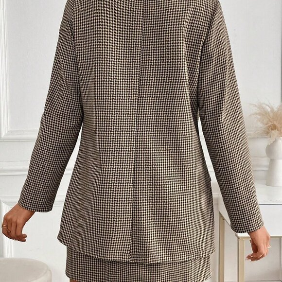 Coffee Brown Elegant Women's Vintage French V-Neck Tailored Suit Set - Picture 2 of 6